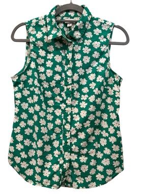 J. Crew Green Poplin Button Down Sleeveless Floral Shirt Top Signature Fit Sz S